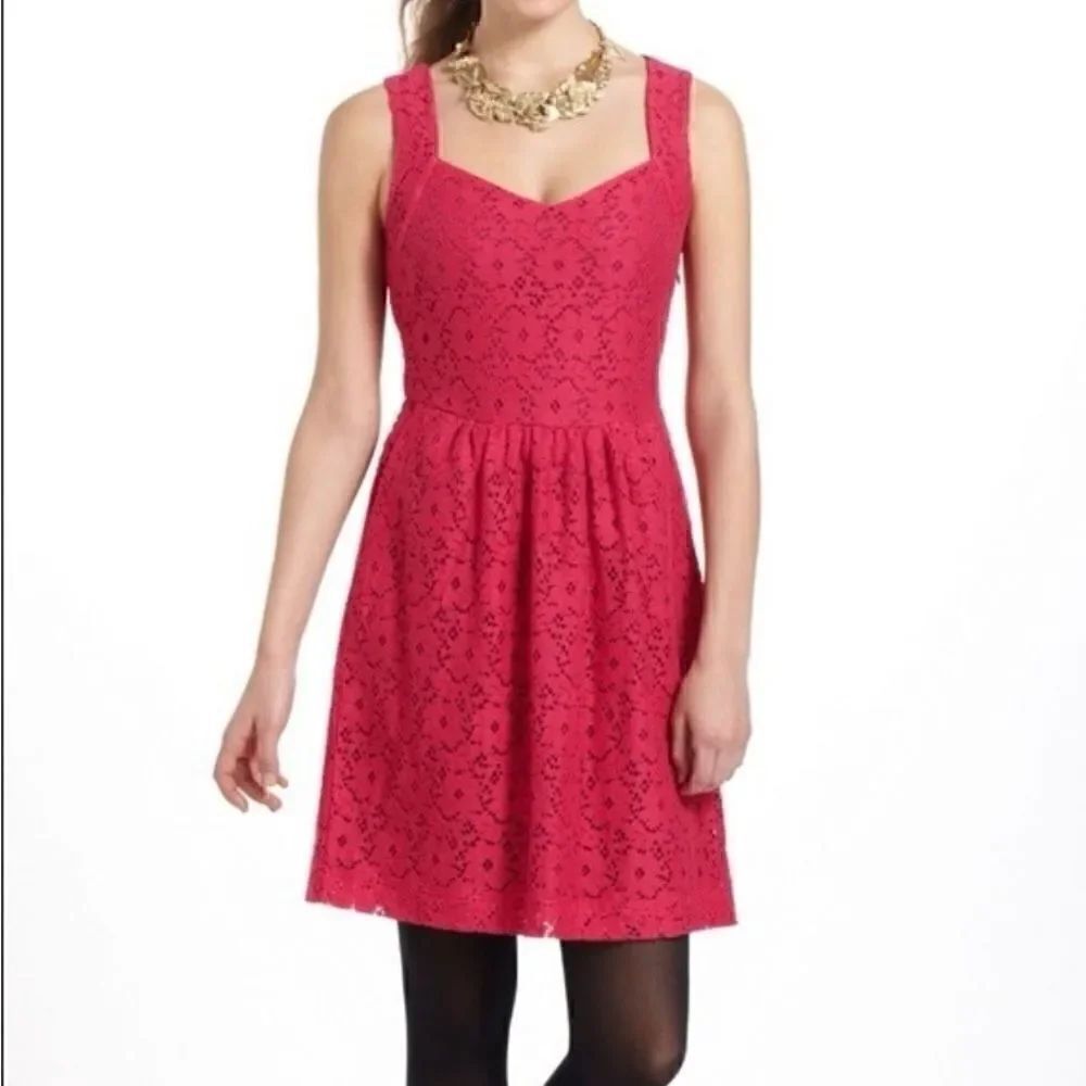 Deletta Anthropologie Sleeveless Lace Hot Pink Skater Style Dress Size Large